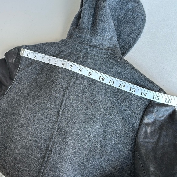 Vince Gray and Black Wool and Leather Asymmetrical Zip Coat Shawl Collar - Picture 15 of 16